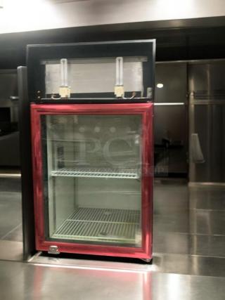 Great condition CTM-32W commercial display refrigerator by Dongguan Fuhua, with glass door and dual interior shelves, fully tested.