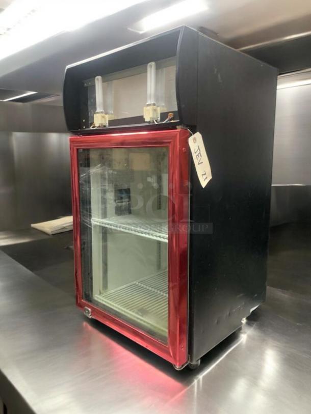 Commercial Display Refrigerator CTM-32W, Dongguan Fuhua, great condition, glass door, fully tested, tag JEV 21 visible.