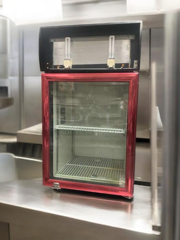 Dongguan Fuhua CTM-32W commercial display refrigerator, great condition, glass door, red trim, fully tested and working.