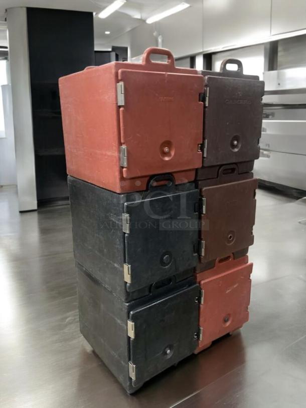 Cambro UPC / UPCH Insulated Food Carriers in great condition, six units stacked, red and black, tested and functional.