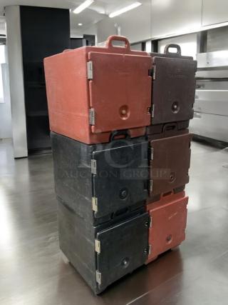 Cambro UPC / UPCH Insulated Food Carriers in great condition, six units stacked, red and black, tested and functional.