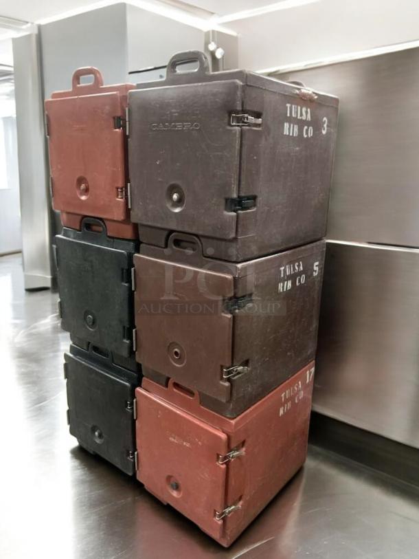 Stack of Cambro UPC/UPCH insulated food carriers, great condition, marked "TULSA RIB CO 3, 5, 17", for hot/cold holding.