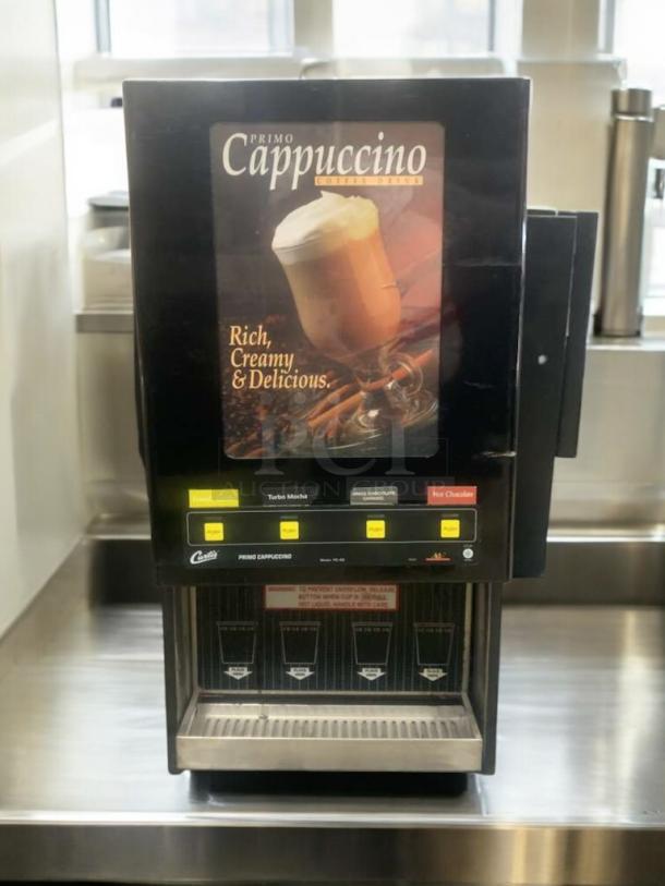 Pristine Curtis PC-4D-10-80 cappuccino dispenser, tested and working, 120V, labels for beverage selection, metal finish.