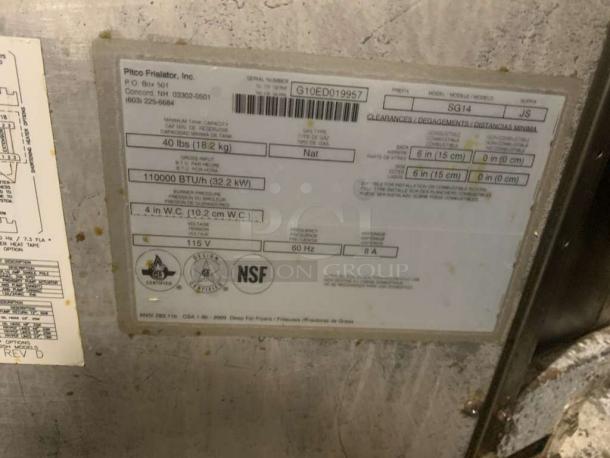 Label on Pitco SG14 natural gas twin-tank deep fryer, indicating 110,000 BTU/h, 40 lbs tank capacity, NSF certified.