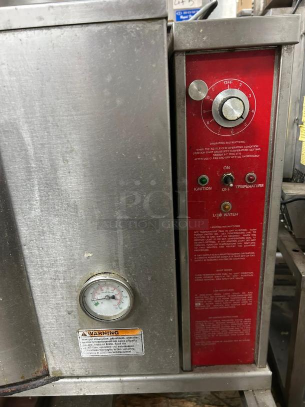 Groen TDH-48C 12 gal. steam kettle, manual tilt, 2/3 jacket, natural gas, tested, working condition. Control panel visible.