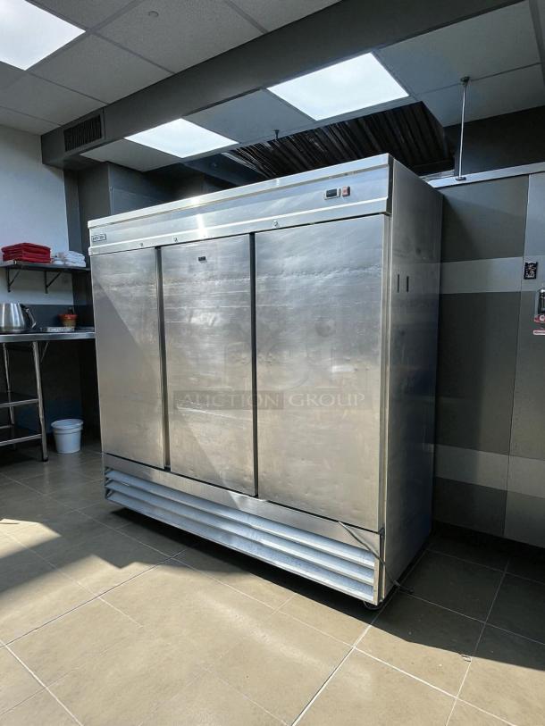 Kintera KBM3R 3-door bottom mount reach-in refrigerator, great condition, tested and working. Stainless steel exterior.