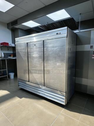 Kintera KBM3R 3-door bottom mount reach-in refrigerator, great condition, tested and working. Stainless steel exterior.