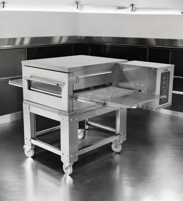 Exceptional condition XLT 3255 natural gas conveyor pizza oven, fully tested, stainless steel, on castor wheels.