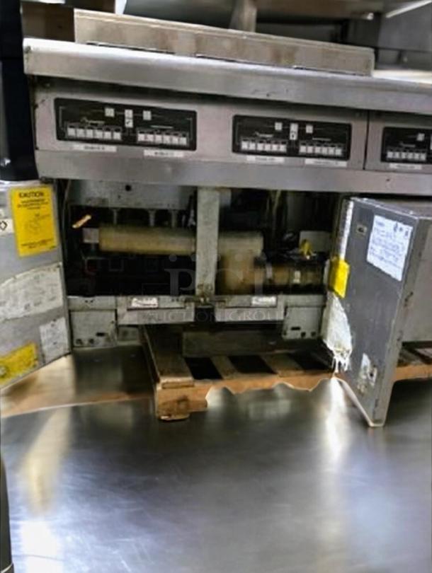 Pristine Frymaster HD50CS triple vat gas fryer, natural gas, fully tested, features control panels, open access doors.