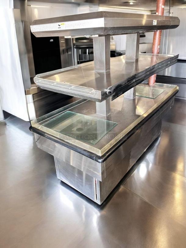 Royston 2HF-72-SS, 72" two-tier hot food island merchandiser with dual heat lamps, stainless steel, excellent condition.