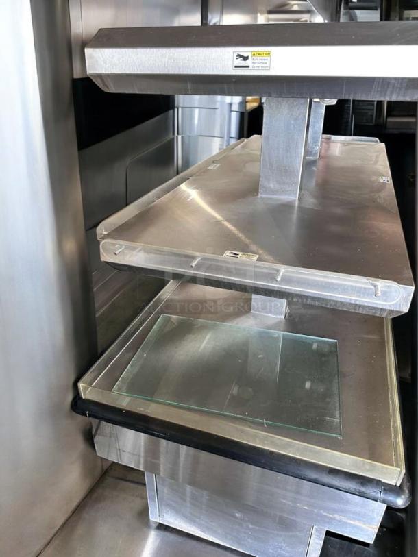 Royston 2HF-72-SS 72" Two-Tier Hot Food Island Merchandiser, stainless steel, dual heat lamp, excellent condition.