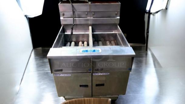 Pitco SSH55 commercial gas deep fryer, stainless steel, excellent condition, fully tested, 115V, high-efficiency twin design.