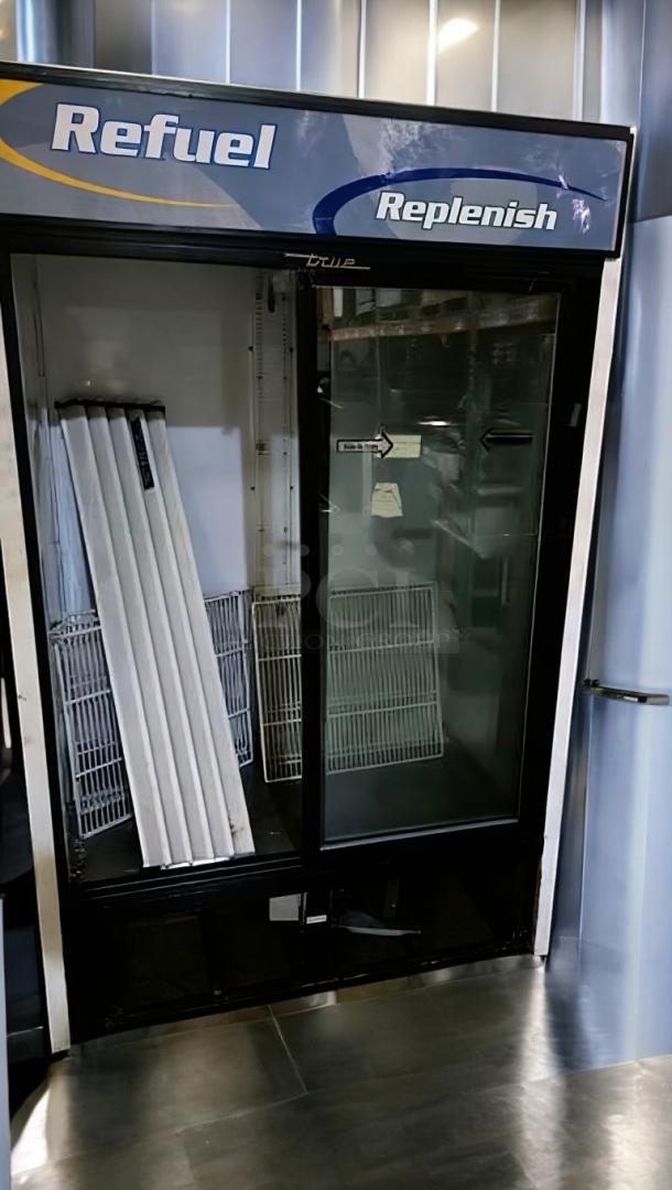 True GDM-45-HC-LD, two-section glass door merchandiser refrigerator, superb condition, fully tested, 115V, visible shelving.