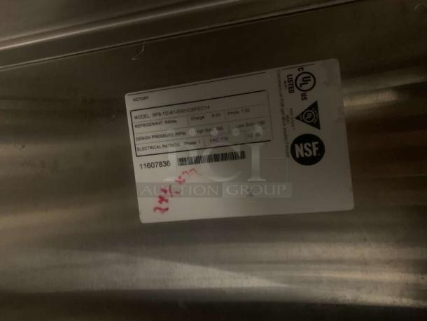 Victory UltraSpec RFS-1D-S1-EW-HD-SPEC refrigerator label displaying model, refrigerant type, and electrical ratings.