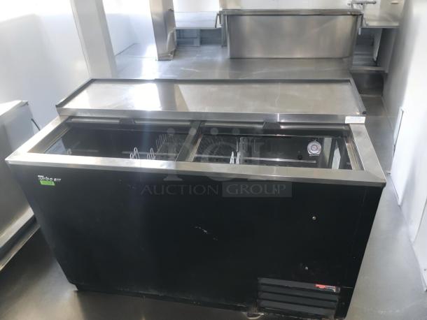 Turbo Air TBC-50SB-N6 bottle cooler, 50", pristine condition, fully tested, black finish, 115V, visible temperature gauge.