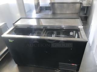 Turbo Air TBC-50SB-N6 bottle cooler, 50", pristine condition, fully tested, black finish, 115V, visible temperature gauge.