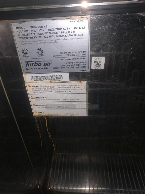 Turbo Air TBC-50SB-N6 bottle cooler in pristine condition, 50", made in Korea, 115V, fully tested and working, detailed label shown.