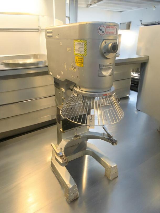 Pristine 60-Qt Precision Mixers HD-60 commercial planetary mixer, 220V, fully tested, with safety warnings and model label visible.