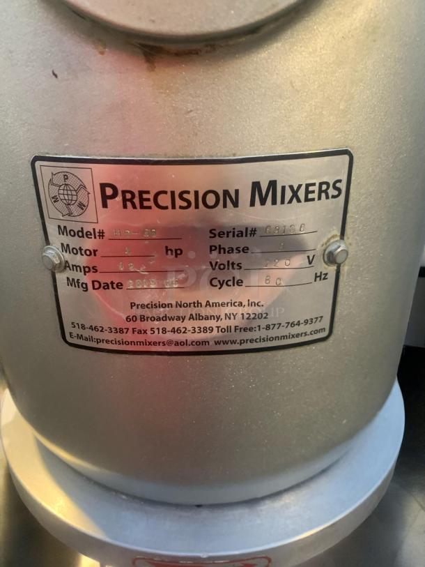 Precision Mixers HD-60 60-Qt mixer label showing model, serial, volts, and contact info. Pristine condition, fully tested.