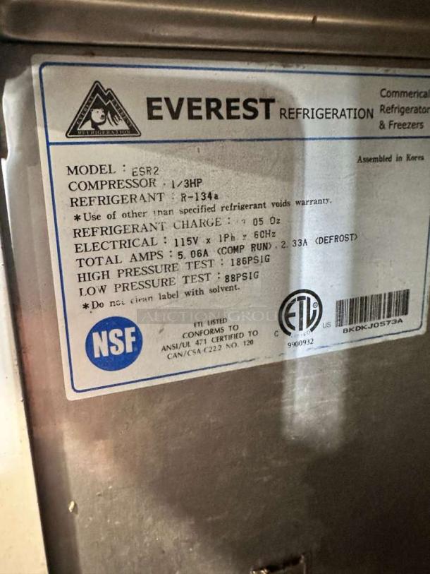 Everest ESR2 two-door refrigerator in immaculate condition. Features 115V power, NSF certified, made in Korea, fully tested.