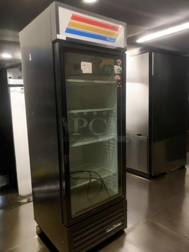 Pristine True GDM-23 glass door merchandiser refrigerator, fully tested, 115V, black exterior, multiple shelves, model GDM-23-HC~TSL01.