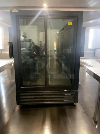 Bush Refrigeration FS52GD two-door glass merchandiser refrigerator, superb condition, 115V, fully tested, Camden, NJ, label on top.