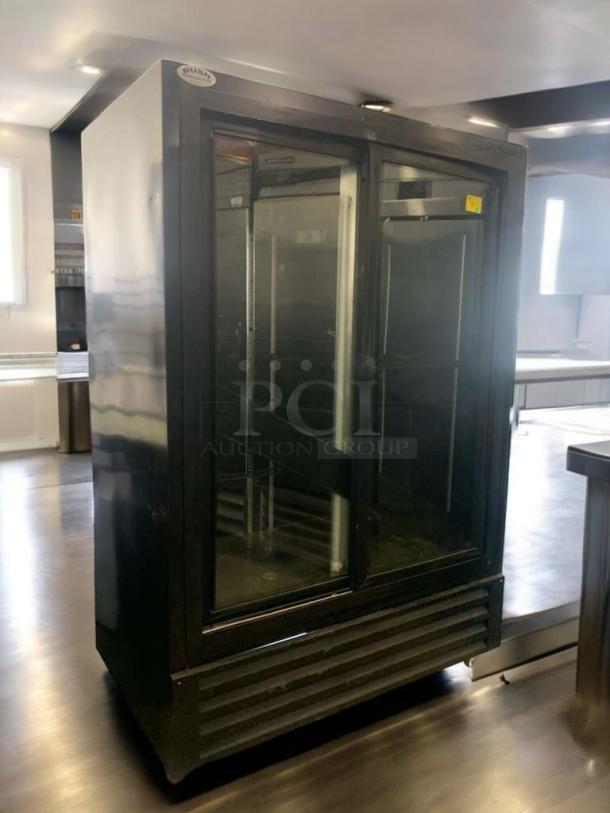 Superb condition Bush Refrigeration FS52GD two-door glass merchandiser refrigerator, 115V, fully tested, excellent working order.