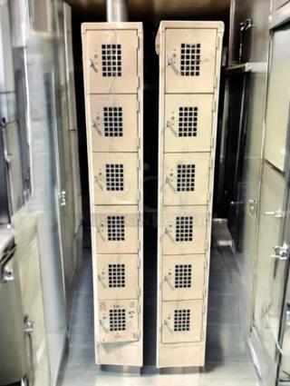 (x2) Ventilated 6-tier metal lockers in excellent condition; Generic Industrial Series, fully functional, beige finish.