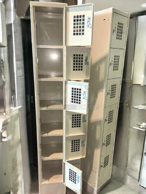 Two excellent condition 6-tier ventilated metal lockers from Generic Industrial, fully functional steel storage units.