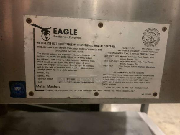 Eagle Foodservice double well gas waterless hot food table, prime condition, NSF certified. Includes model plaque with instructions.