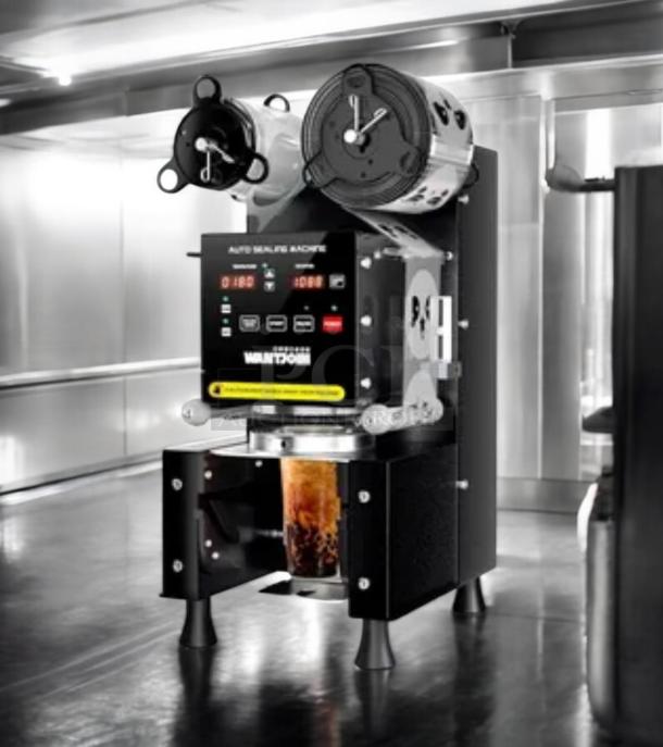 WantJoin WZ-95B cup sealing machine, outstanding condition, tested and working, 110V, automatic, displayed on a countertop.