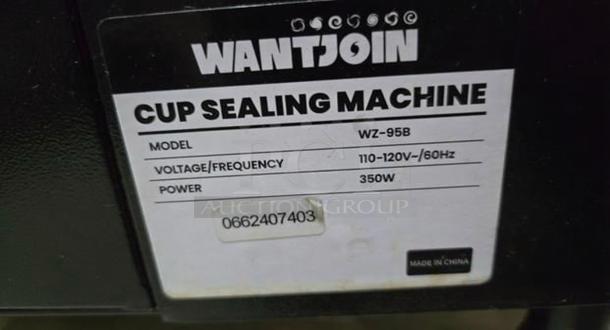 WantJoin WZ-95B cup sealing machine label, showing model, 110-120V, 350W. Serial number 0662407403 visible. Made in China.