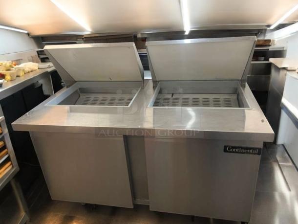 Continental Refrigerator DL60-24M double-lid prep table, 60", immaculate condition, stainless steel, fully tested and operational.