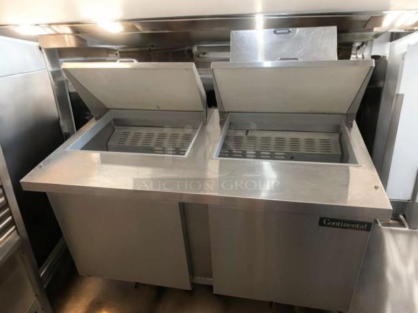Immaculate Continental Refrigerator DL60-24M, 60" double-lid prep table, fully tested. Stainless steel, excellent condition.