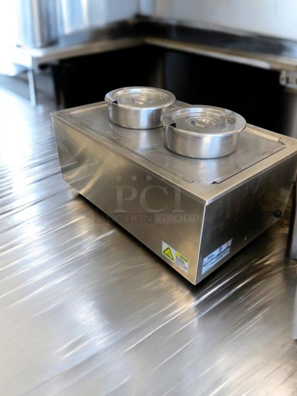 Winco Food Warmer, double round insets, 120V, stainless steel, great condition, fully tested, warning and model labels visible.