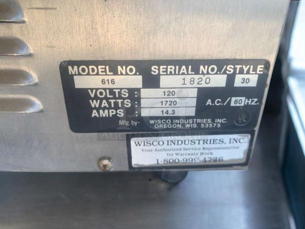 Wisco 616 Electric Countertop Oven label showing model, volts, watts, amps, and UL certification. Outstanding condition.