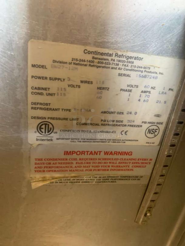 Label on the Continental Refrigeration Sandwich Prep Table Model SW27, showing specifications and usage warnings.
