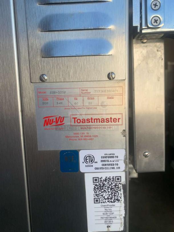 Nu-Vu SUB-123P Double Deck Electric Oven Proofer, Model SUB-123P, fully tested, 208V/3 Phase, labeled as ETL certified.