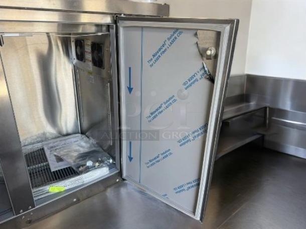 Beverage-Air 3-Door Stainless Steel Underbar Refrigerator, brand new, pristine condition, with protective cover and 120V power.