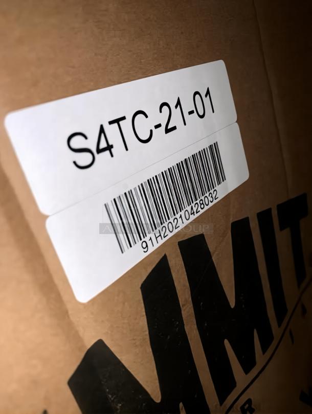 Brand new Summit SCR3502D commercial double-door display refrigerator in original box, showing barcode and label S4TC-21-01.