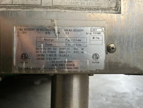Electrolux Air-o-Steam Touchline AOS202GTP1 label, indicating natural gas use, serial number 71210001, ETL certified.