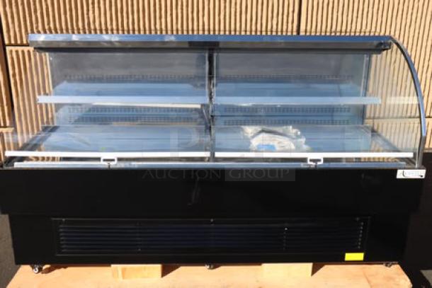 Brand new Avantco HAC-75-B black air curtain merchandiser, 74 13/16", 2 shelves, LED lighting; slight cosmetic imperfections.