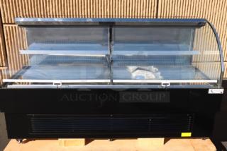 Brand new Avantco HAC-75-B black air curtain merchandiser, 74 13/16", 2 shelves, LED lighting; slight cosmetic imperfections.