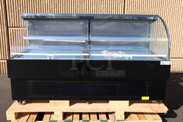 Avantco HAC-75-B black horizontal air curtain merchandiser, 74 13/16", 2 shelves, LED lighting, new scratch-n-dent condition.