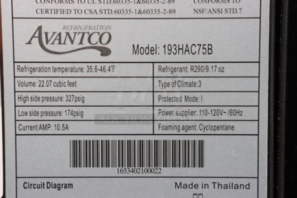 Alt Text: Avantco HAC-75-B 74 13/16" Black Horizontal Air Curtain Merchandiser, new with scratch-n-dent, LED lighting, 115V, S/N: 1653402100022.
