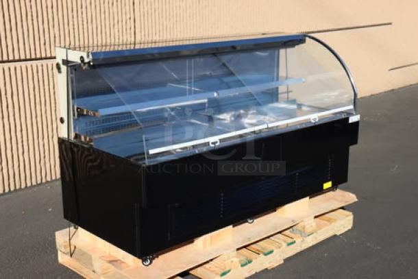 Brand new Avantco HAC-75-B black air curtain merchandiser, 74 13/16" wide, with 2 shelves, LED lighting, on a pallet.