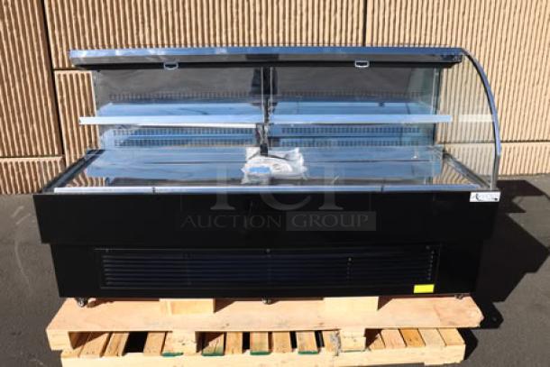 Avantco HAC-75-B black horizontal air curtain merchandiser with 2 shelves, LED lighting, 115 volts. Brand new, scratch-n-dent.