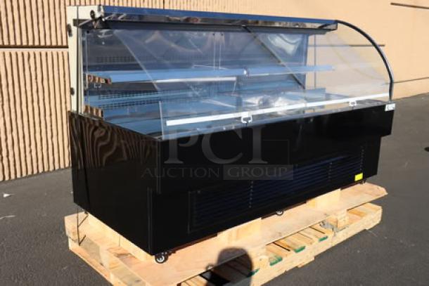 Avantco HAC-75-B black horizontal air curtain merchandiser, brand new, two shelves, LED lighting, on wooden pallet.