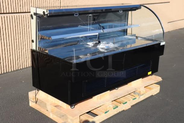 Avantco HAC-75-B horizontal air curtain merchandiser, black, 74 13/16", two shelves, LED lighting, new condition.