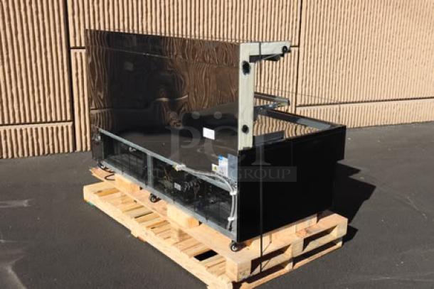 Brand new Avantco HAC-75-B 74 13/16" black horizontal air curtain merchandiser, with 2 shelves, LED lighting, on pallet.